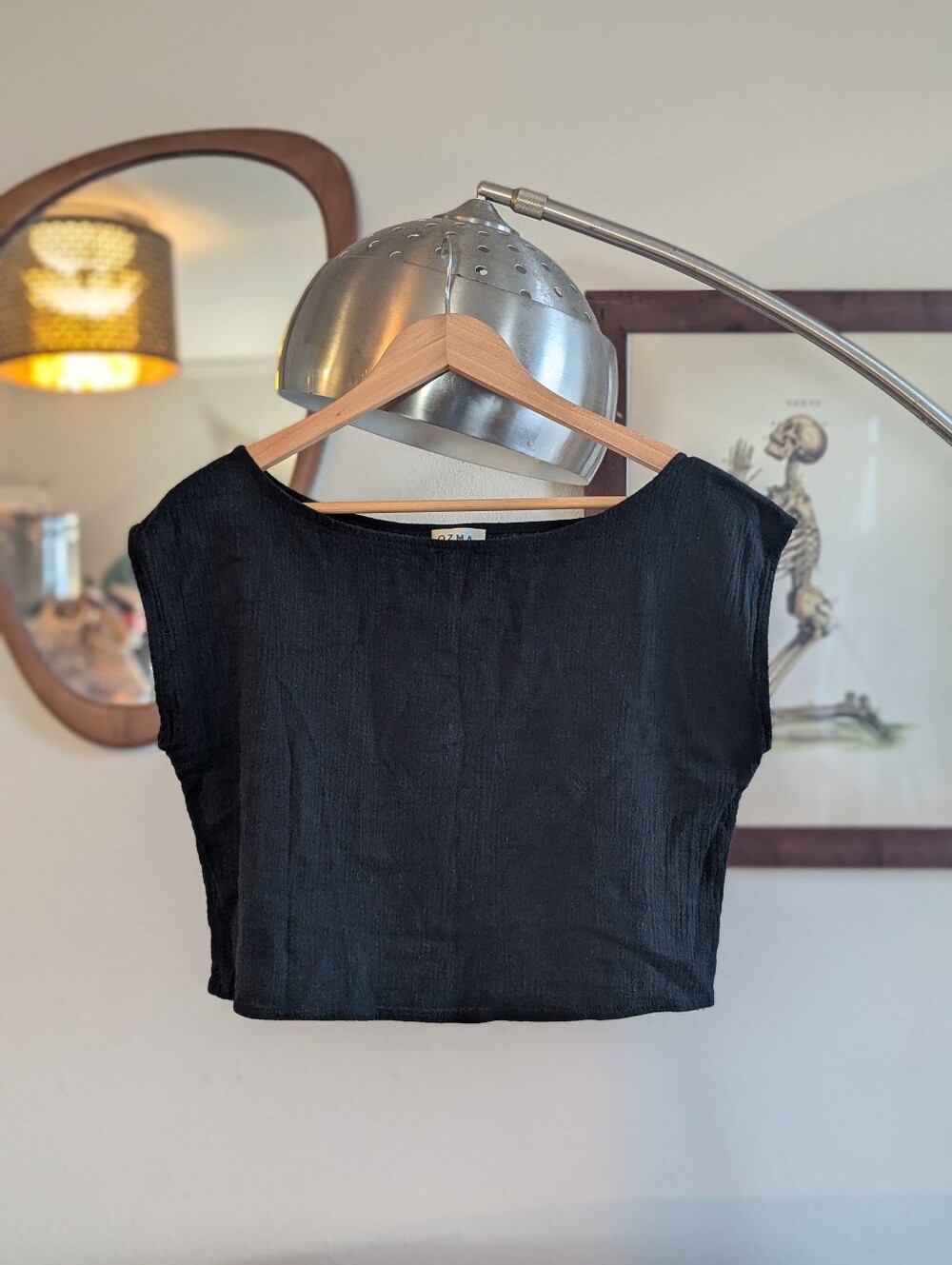 OZMA Crop Tee in Black Accordion Gauze